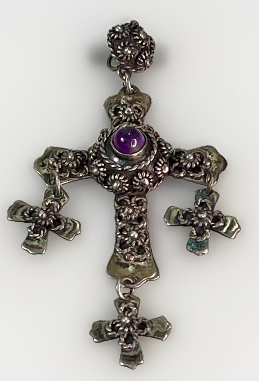 Vintage TAXCO JHB Yalalag Cross Pendant Sterling Silver with Amethyst